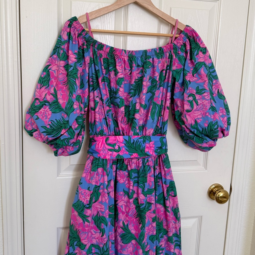 Lilly Pulitzer Pink & Green Floral Off-Shoulder Midi Dress - Picture 6 of 14
